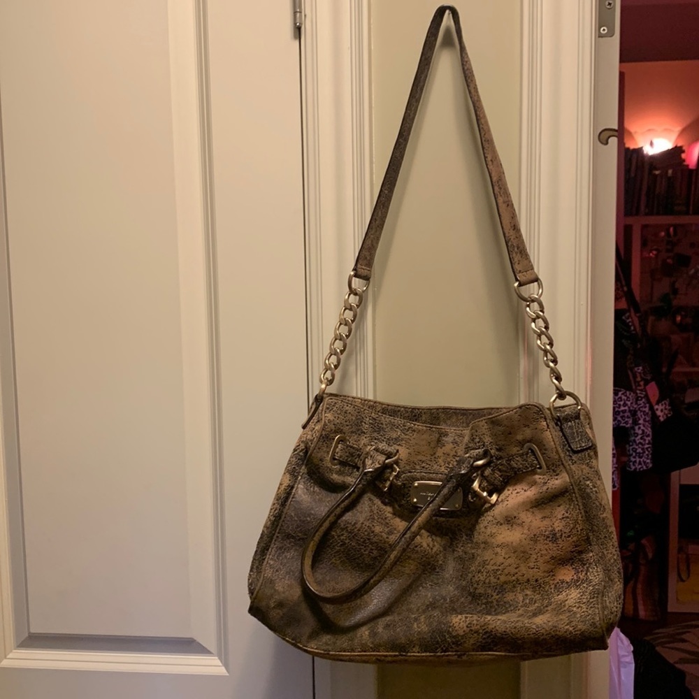 Michael Kors Distressed Brown Leather Shoulder Bag with Gold Hardware